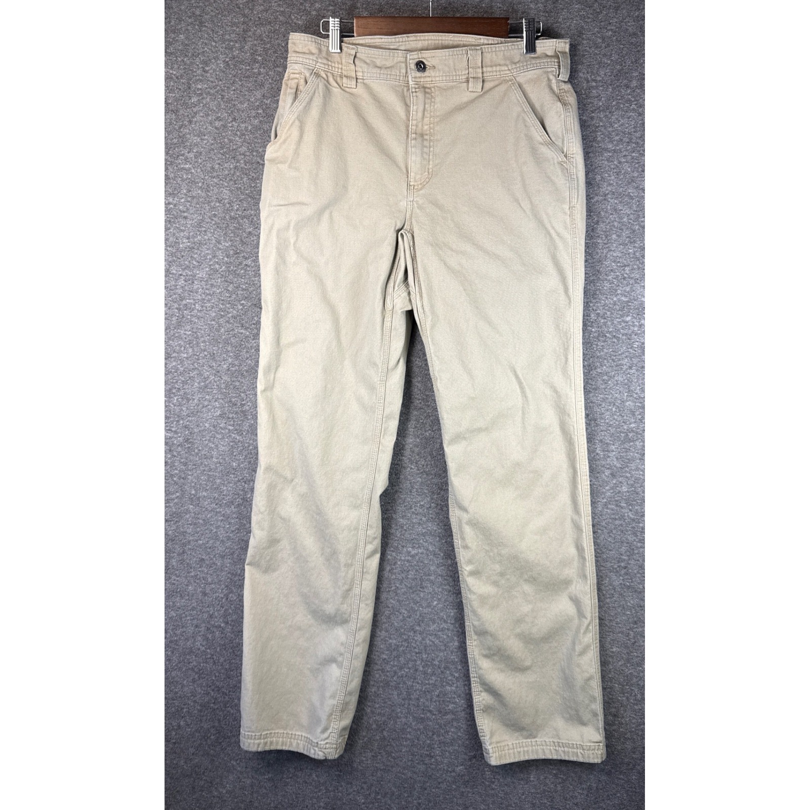 Duluth Fire Hose Work Pants Khaki Tan Mens Size 34 Standard Fit Canvas Barn Farm